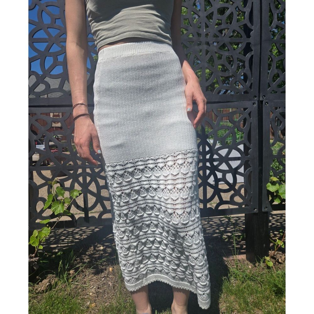 Women's Crochet White Boho Indie Scallop Lace Maxi Length Cover Up Skirt